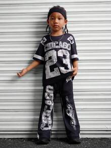 SHEIN 2pcs Boys Casual Outfit Set - Letter Graphic Round Neck Dropped Shoulder Tee And Pants