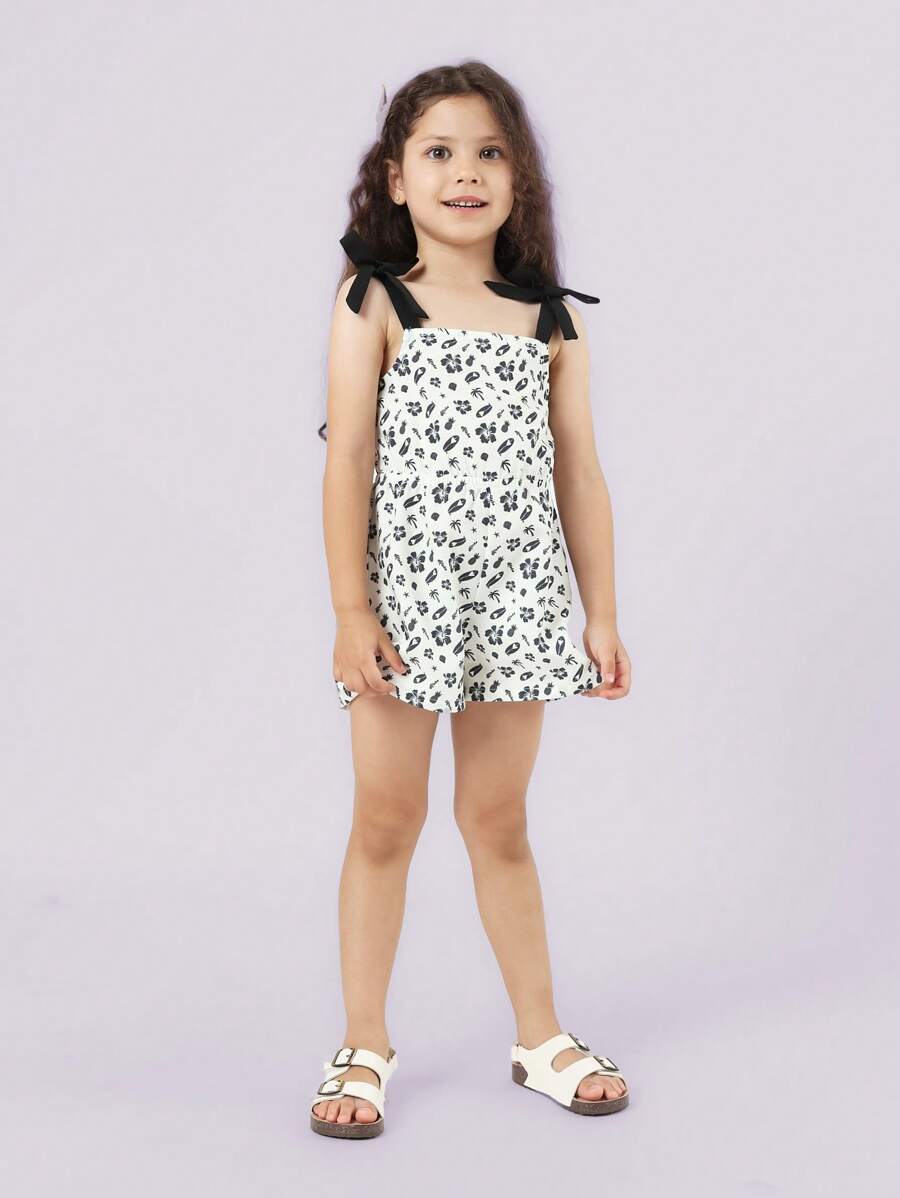 SUMWON Hawaiian Floral Print Summer Playsuit With Shoulder Tie Straps, Casual Beach Resort Romper, Vacation Holiday Island Wear, Spring Break Kids Clothing - White - View 1