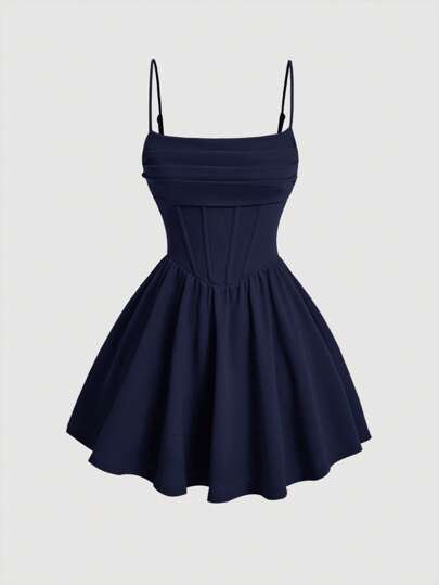 SHEIN MOD Solid Ruched Cami Navy Corset Structure Summer Dress,Sun Dress