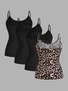 SHEIN EZwear Bộ 4 áo ba lỗ in họa tiết da báo trơn màu cỡ lớn dành cho nữ, thích hợp cho mùa hè - Nhiều màu - Xem 2