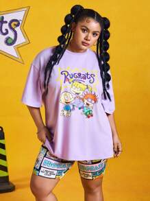 Nick 90s | SHEIN 2pcs/Set Plus Size Summer Casual Cute Cartoon Print Short Sleeve Purple T-Shirt And Black Leggings Women Plus Clothing Two Pieces Summer Spring Music Festival