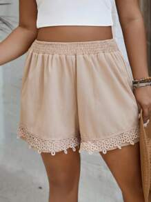 SHEIN VCAY Women Plus Size Linen Wide Loose Shorts,Tie Dye Summer Boho Holiday Beach Apricot Drawstring Waist Casual Resort Wear Western Hippie Rave - Apricot - View 6