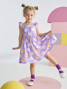 LOONEY TUNES X SHEIN 年轻男孩可爱兔子和波尔卡圆点印花盖袖连衣裙 - 紫色 - 查看 5