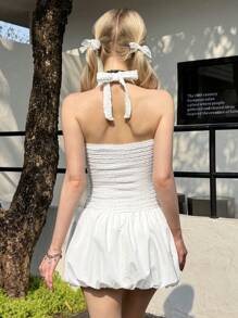 SHEIN Teen Girl White Fitted Jacquard Textured Splicing Solid Color Sleeveless Square Neck Draped Cocktail Dress - White - View 3