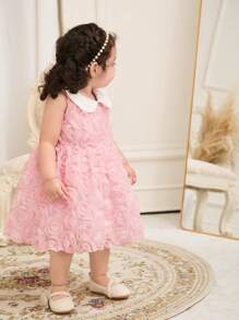 Baby Girls Pink Flower Applique Elegant Contrast Collar Sleeveless Midi A-Line Dress, Suitable For Outings, Birthdays, Parties, All Seasons - Pink - View 7