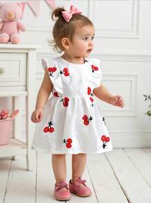 新生女婴宽松优雅樱桃刺绣针织连衣裙，春夏秋季节，优质樱桃刺绣面料，时尚舒适，适合休闲穿着 - 白色 - 查看 1