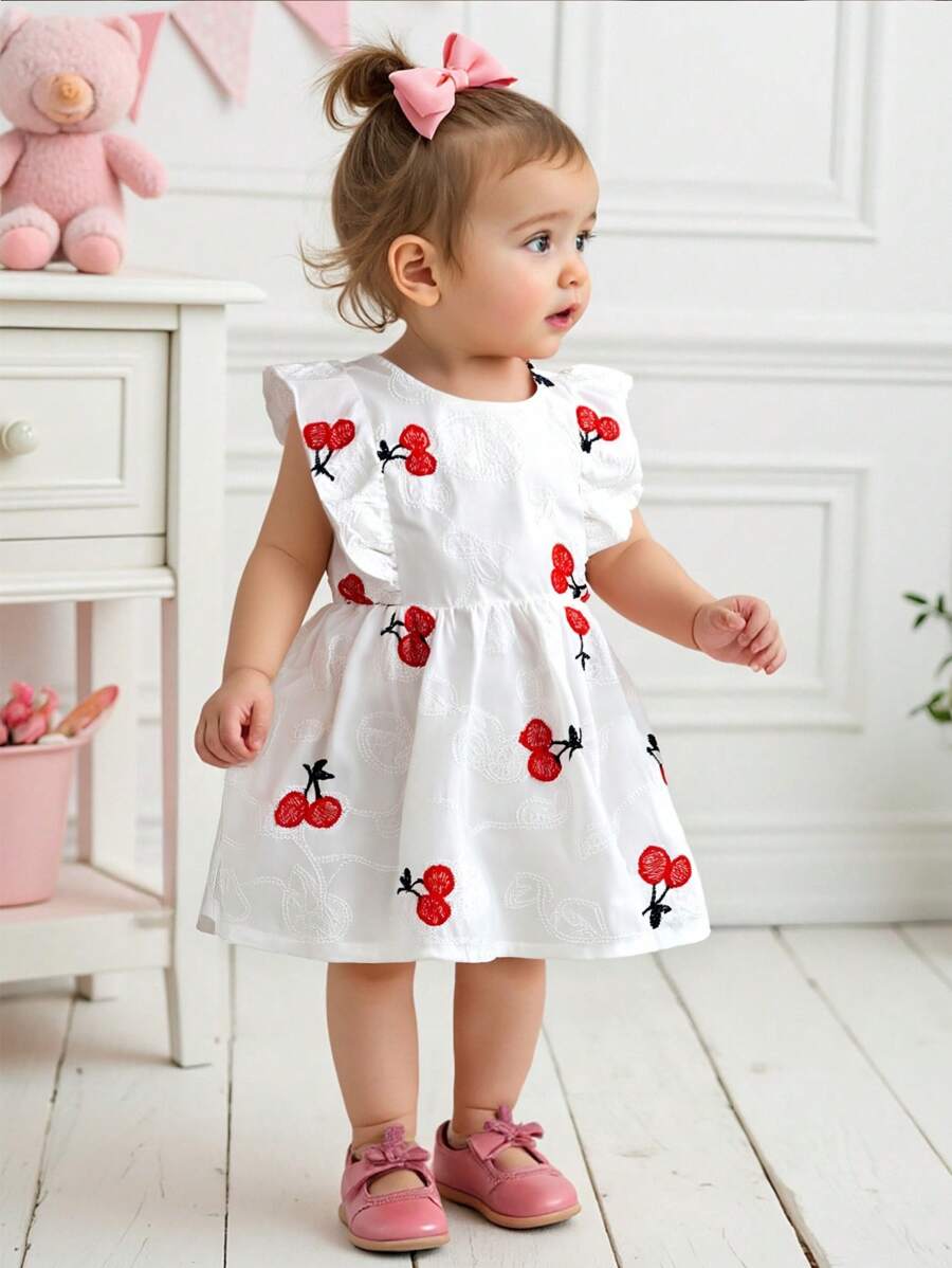 新生女婴宽松优雅樱桃刺绣针织连衣裙，春夏秋季节，优质樱桃刺绣面料，时尚舒适，适合休闲穿着 - 白色 - 查看 1
