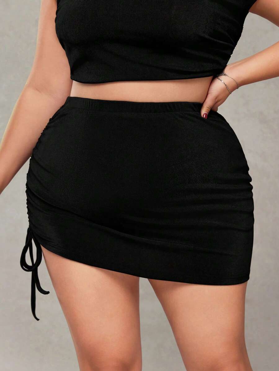 SHEIN ICON Plus Size Black Asymmetrical Hem Pleated Drawstring Waist Net Mesh Skirt - Black - View 1