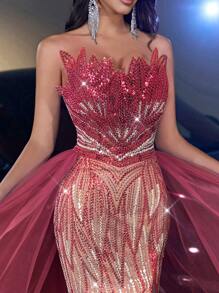 Váy đuôi cá vải sequin ngọc trai sang trọng thanh lịch, lưới bồng bềnh rộng rãi thích hợp cho đám cưới, tiệc tùng, vũ hội, váy dạ hội (trang trí đậm), trang trọng, váy dài, cho khách dự tiệc cưới - Đỏ - Xem 1