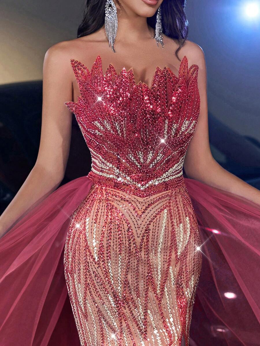 Váy đuôi cá vải sequin ngọc trai sang trọng thanh lịch, lưới bồng bềnh rộng rãi thích hợp cho đám cưới, tiệc tùng, vũ hội, váy dạ hội (trang trí đậm), trang trọng, váy dài, cho khách dự tiệc cưới - Đỏ - Xem 1