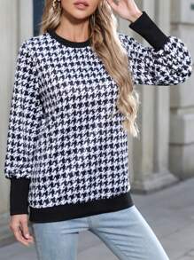 Houndstooth Patchwork Long Sleeve Casual Top, Autumn/Spring Fall Cloth For Women - Black - View 4