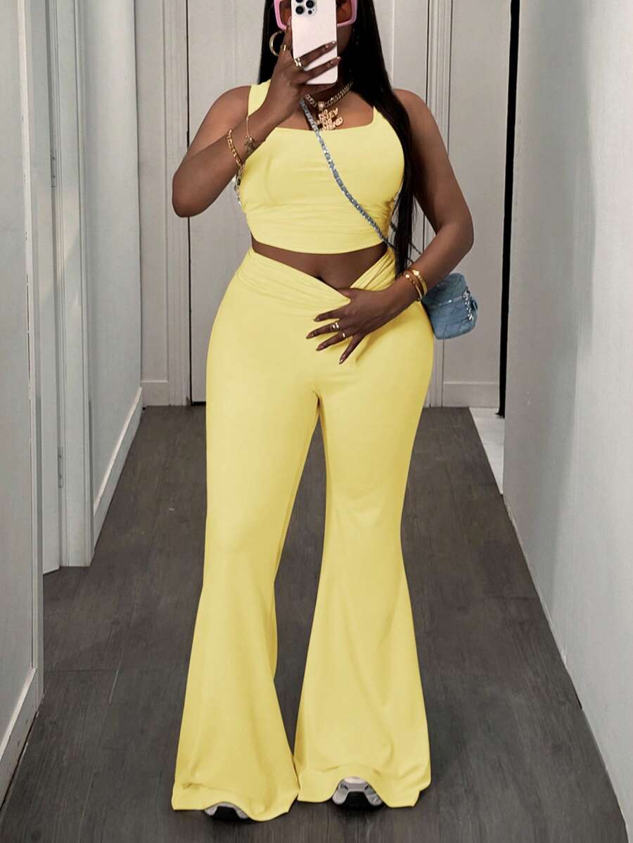 Slaydiva 大码女式两件套 - 无袖圆领短款背心和高腰褶饰喇叭裤，休闲运动装，杏色，春夏 - 黃色 - 查看 1