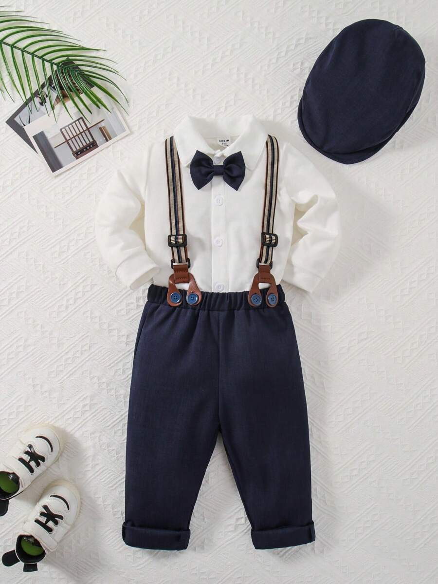 2pcs Toddler Boys Gentleman Style Shirt And Pants Set, Spring/Autumn - Blue and White - View 1