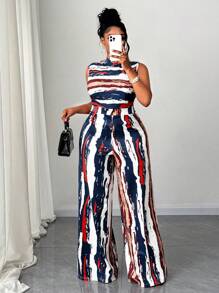 Maweii Plus Size Women's Asymmetrical Print Elastic Waist Bodycon Jumpsuit, Spring/Summer - Multicolor - View 1