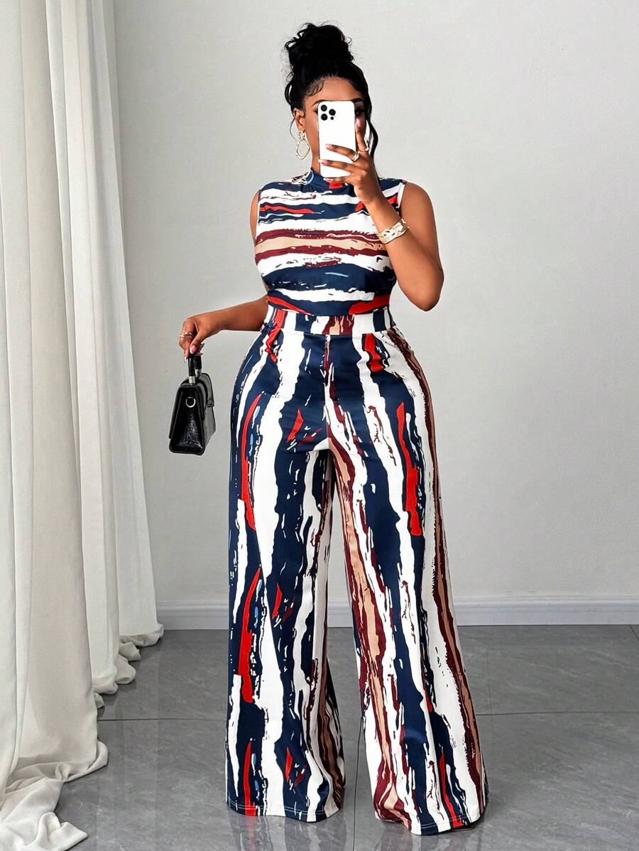 Maweii Plus Size Women's Asymmetrical Print Elastic Waist Bodycon Jumpsuit, Spring/Summer - Multicolor - View 1