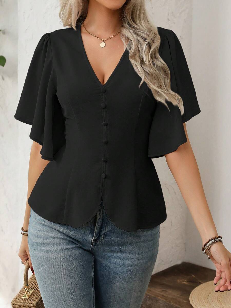 SHEIN Clasi Women's Classic Elegant V-Neck Button Decorated Flare Sleeve A-Line Blouse For Casual, Work, Travel, Spring/Summer