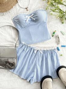 SHEIN Unity Women 2pcs Set - Striped Bow Decor Crop Top And Shorts - Blue - View 6