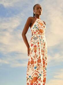 CAJUNI 女士波西米亚风印花露背系带超宽腿连体裤，度假休闲夏季沙滩裤