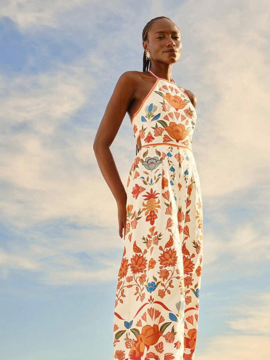 CAJUNI 女士波西米亚风印花露背系带超宽腿连体裤，度假休闲夏季沙滩裤