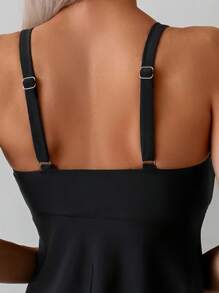 SHEIN Swim 2pcs Solid Color Spaghetti Strap Top With Flared Skirt And Pleated Pants, Stylish Minimalist Swimwear Bikini Set For Summer Beach Vacation - Black - View 5