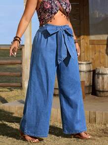 SHEIN LUNE Plus Size Women Loose Elastic Waist Casual Wide Leg Tie-Up Vacation Jeans - Blue - View 3