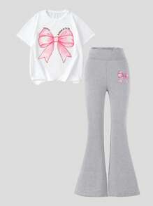 2pcs/Set Teen Girls Pink Bow White Crew Neck Short Sleeve T-Shirt And Grey Bow Print Knit Snug Fit Flared Pants Set - Multicolor - View 3