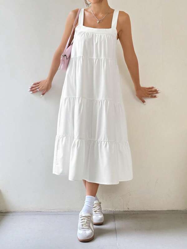 SHEIN EZwear 纯色简约无袖 A 字长裙，适合日常春夏季穿着