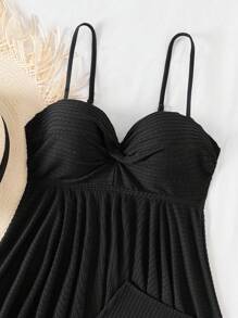SHEIN 2pcs/Set Women's Textured Fabric Solid Color Spaghetti Strap Ruffle Hem Camisole & Tankini Swimwear Set, Summer Beachwear