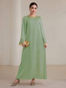 Graceveil Ribboned Ruffle Hem Women's Arabian Style Dress, Suitable For Spring And Autumn Modest