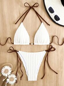 SHEIN Swim 2pcs/Set Halter Triangle Bikini And Crisscross Bandage Bottoms Swimwear For Summer Beach Vacation - White - View 4