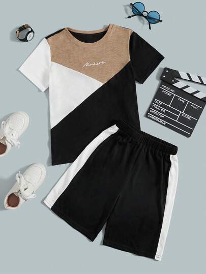 SHEIN Tween Boy Letter Graphic Tee & Contrast Side Seam Shorts