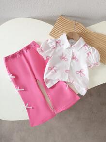 SHEIN 女宝宝韩版可爱蝴蝶印花短袖翻领衬衫和白色编织荷叶边蝴蝶喇叭裤套装，夏季 - 玫紅色 - 查看 1