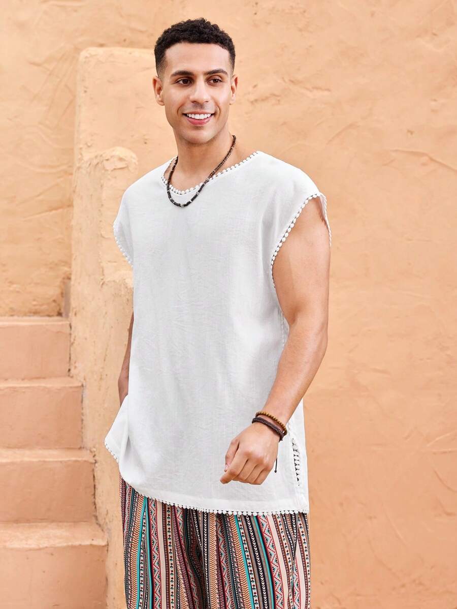 Manfinity VCAY Men's Casual Woven Loose Solid Color Short Sleeve T-Shirt - White - View 1