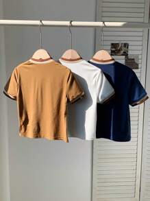 SHEIN 3件装男童撞色肩条纹印花Polo衫，适合度假、郊游和上学穿着 - 彩色 - 查看 2