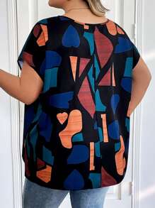 SHEIN CURVE+ Camisa casual de manga murciélago con estampado geométrico para mujer de talla grande