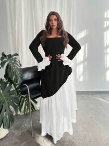 Firerie Vestido de talla grande con cuello cuadrado, mangas acampanadas de malla y bloques de color - Multicolor - Ver 5