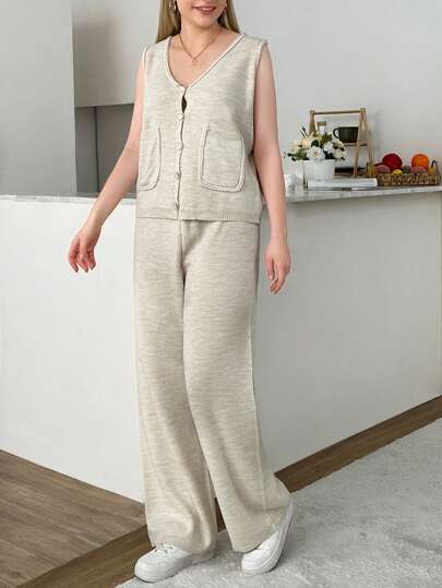 RueChic 2pcs Women's Loose Fit V-Neck Pocketed Knit Vest And Wide-Leg Knit Pants Set, Autumn Winter