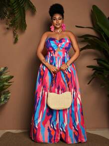 Maweii Plus Size Colorful Print Twisted Ruched High Waist Wide Leg Jumpsuits