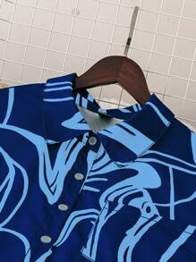 EMERY ROSE 2pcs/Set Plus Size Flowy Abstract Fluid Pattern Print Shirt And Pants - Royal Blue - View 3