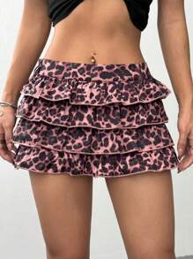 Flirla Moda de primăvară și vară 2025 pentru femei, sexy, jucăușă, cu talie ultra joasă, cu imprimeu de leopard, fustă scurtă cu volane - Multicolor - Vizualizare 5