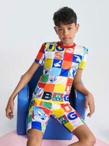 LOONEY TUNES X SHEIN Conjunto de pijama de verano para niño preadolescente con camiseta de cuello redondo elástico con estampado de conejo de color contrastante y pantalones cortos ajustados - Multicolor - Ver 3