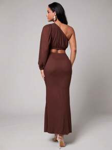 Silquee Chocolate Shirt For Spring And Summer, Brown Asymmetrical Blouse, Short Shirt For Vacation, Vacation Shirt, Seaside, Beach, Seaside Vacation, Daily Wear, Casual Shirt Pool Party, Holiday, Natural Party, Cabin Vacation, Soft And Suitable For Commuting, Daily Vacation Wear, Suitable For Spring Vacation, Seaside Vacation Women's Shirt, Double-Layer Fabric Non-See-Through Pleated Design Shirt, One-Shoulder Shirt,Elegant Tops,Cute Summer Tops - Chocolate Brown - View 2