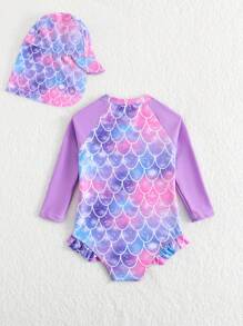 SHEIN Baby Girls 1-Piece Swimsuit With Random Print And Ruffle Trim (Includes Swimming Cap) - Multicolor - View 2