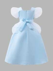 SHEIN Young Girl Princess Style Puff Sleeve Patchwork Fluffy Party Dress - Blue - View 2