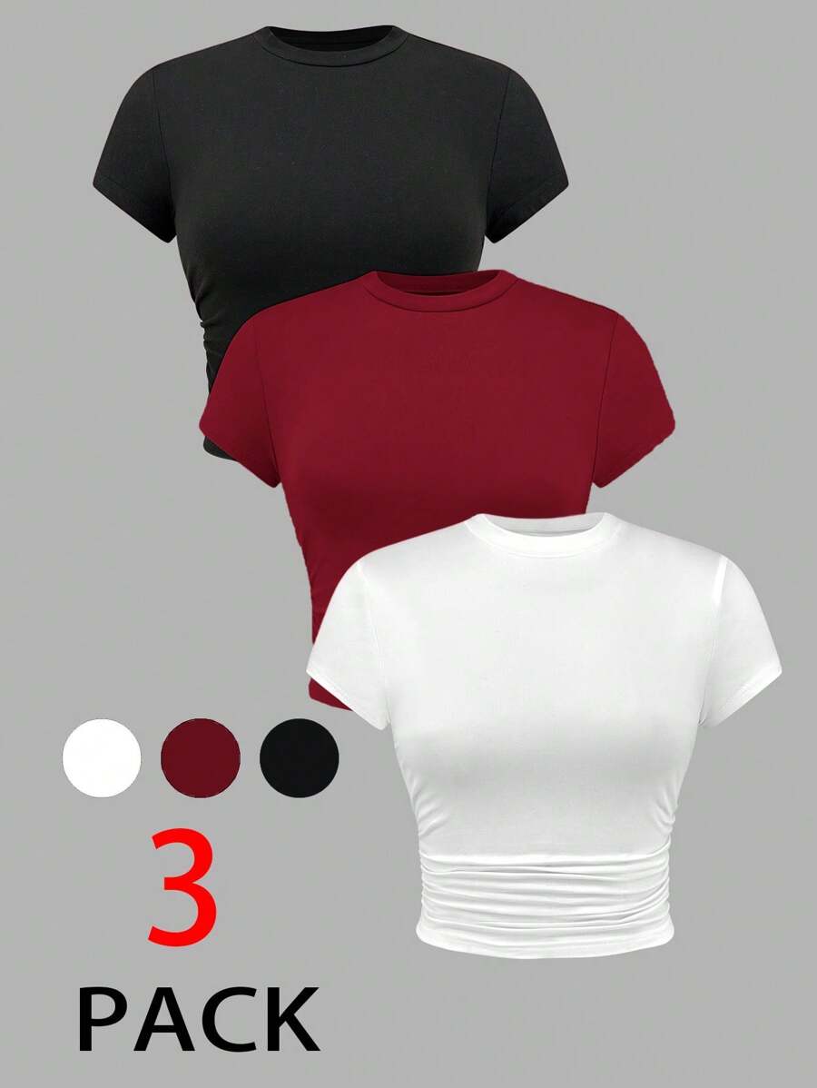 SHEIN PETITE Set de 3 piezas de camiseta de manga corta plisada para señoras de verano - Burdeos - Ver 1