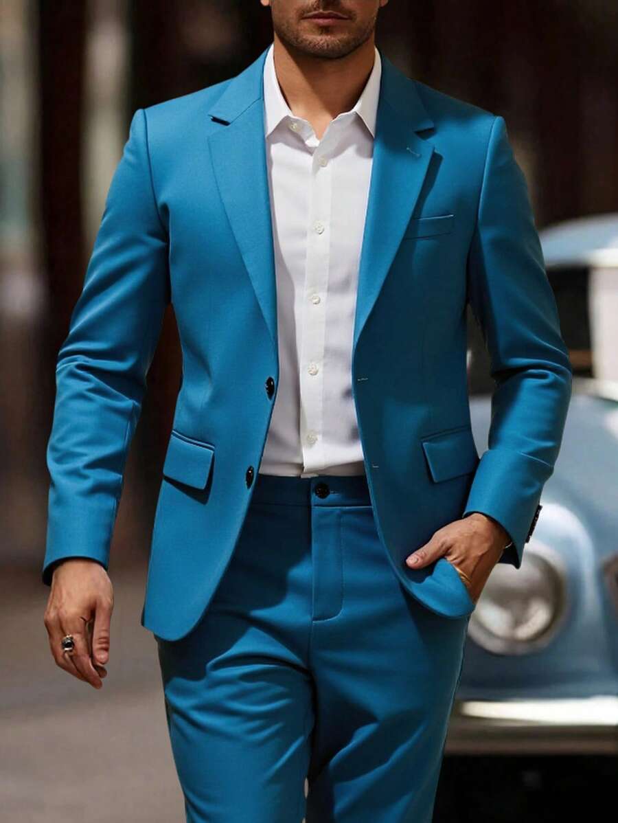 Manfinity Mode Men's Simple Notch Collar Long Sleeve Top And Pants Casual Suit Set - Multicolor - View 1