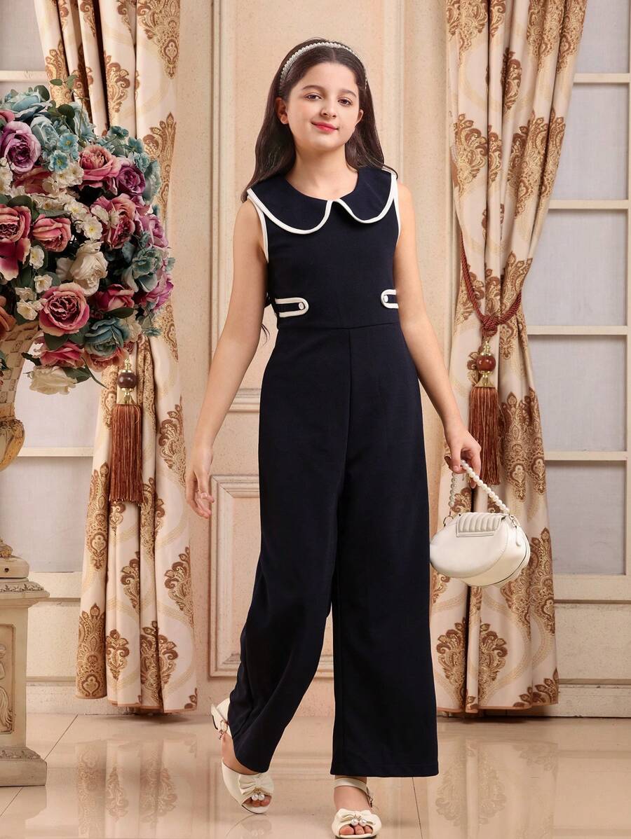 Tween Girl Ruffled Collar Sleeveless Wide Leg Fashionable Jumpsuit - Blue - View 1