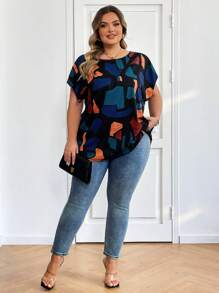 SHEIN CURVE+ Camisa casual de manga murciélago con estampado geométrico para mujer de talla grande