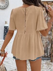 Chiquease Blusa de cuello redondo de manga corta, casual, con sensación de lino, para primavera/verano