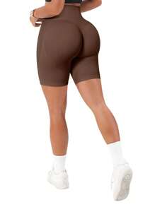 Easithlete Women's Solid Color High Waist Seamless Elastic Sports Shorts - Brown - View 3